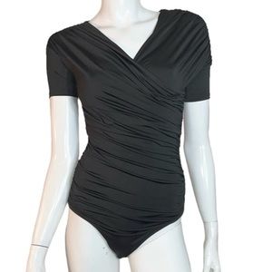 Express Compression Short Sleeve Surplice V-Neck Bodycon Black Bodysuit